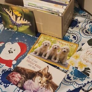 Box of various cards get well soon Christmas birthday all new some envelopes lot